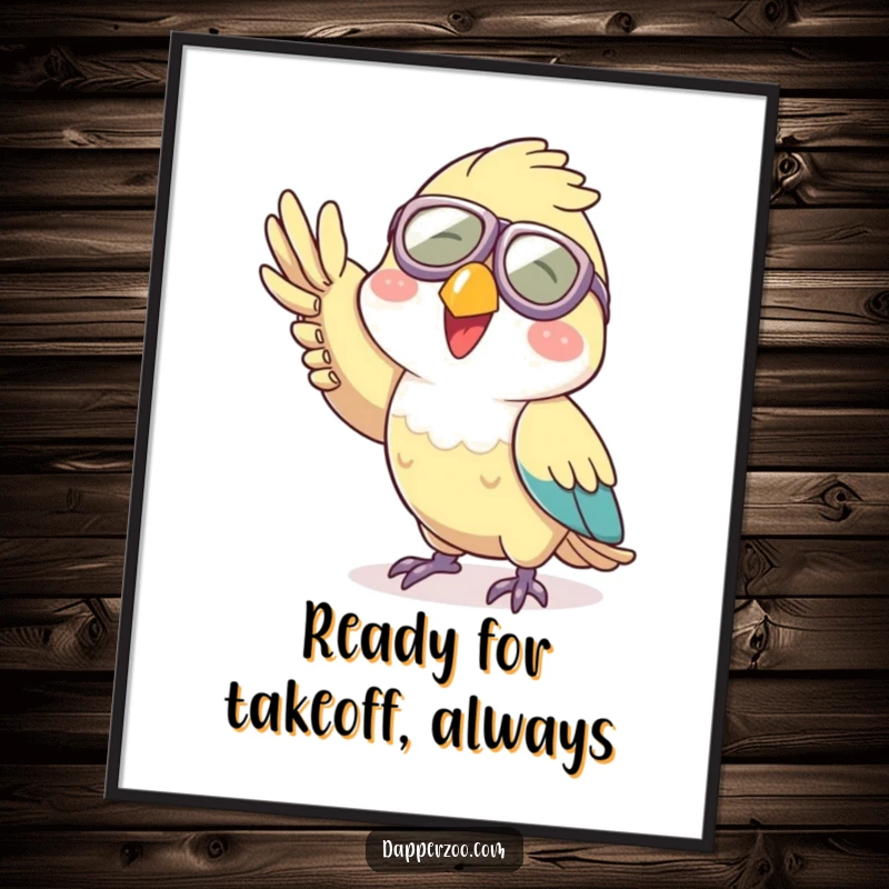 Funny Free Printable Parrot Wall Art: Aviator parrot in tiny goggles doing a playful wave, exuding joy and adventure.