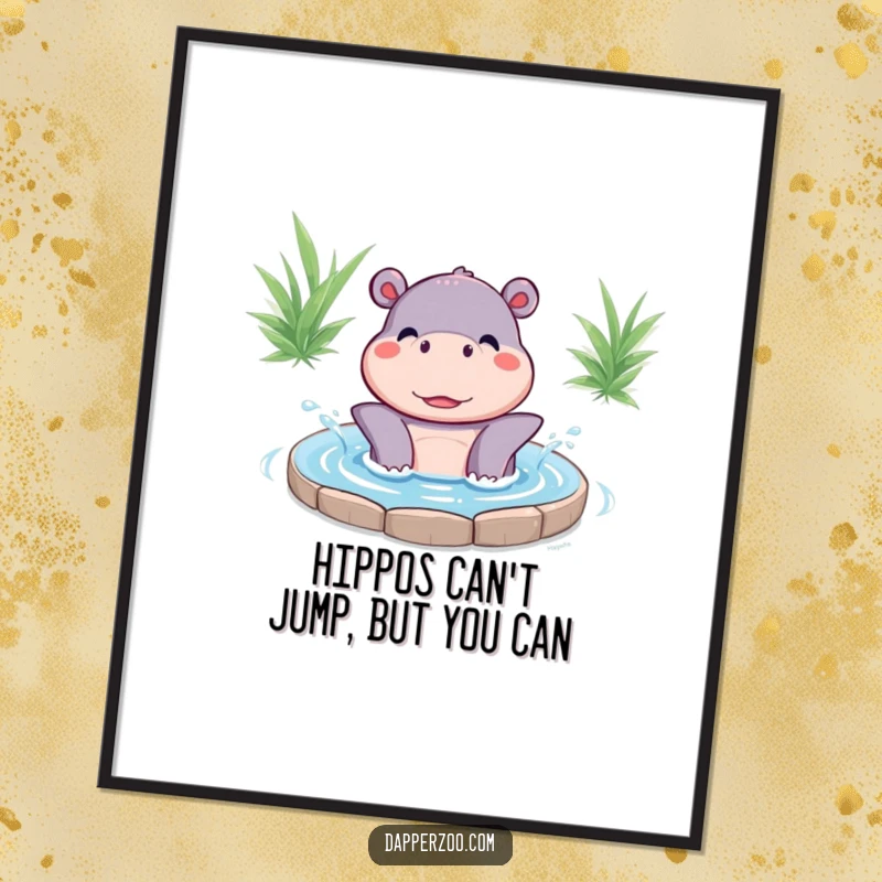 Funny Free Printable Wall Art: A cute Kawaii hippo gleefully splashes in a small pool, radiating happiness.