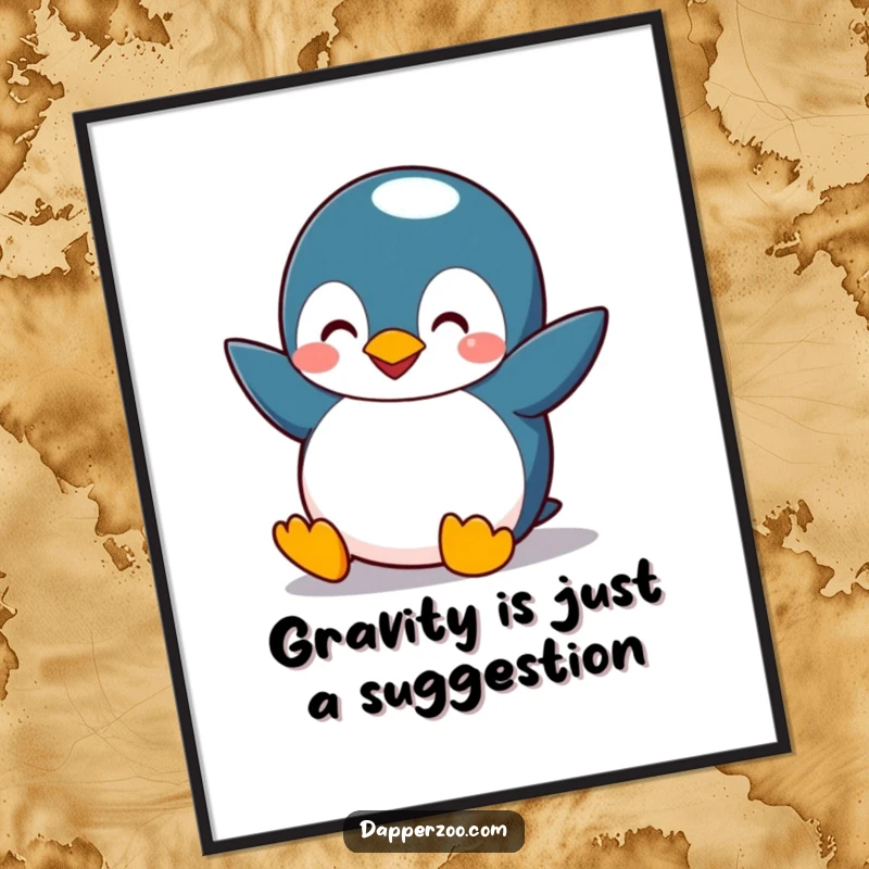 Funny Free Printable Wall Art: A determined penguin comically flapping tiny wings, striving to fly with a humorous, earnest expression.