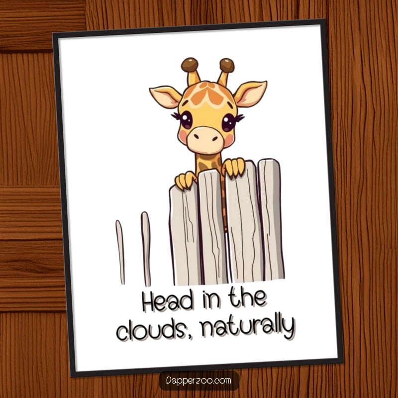Funny Free Printable wall art: A curious giraffe character peeking its long neck over a tall, comically thin fence, looking into the distance.