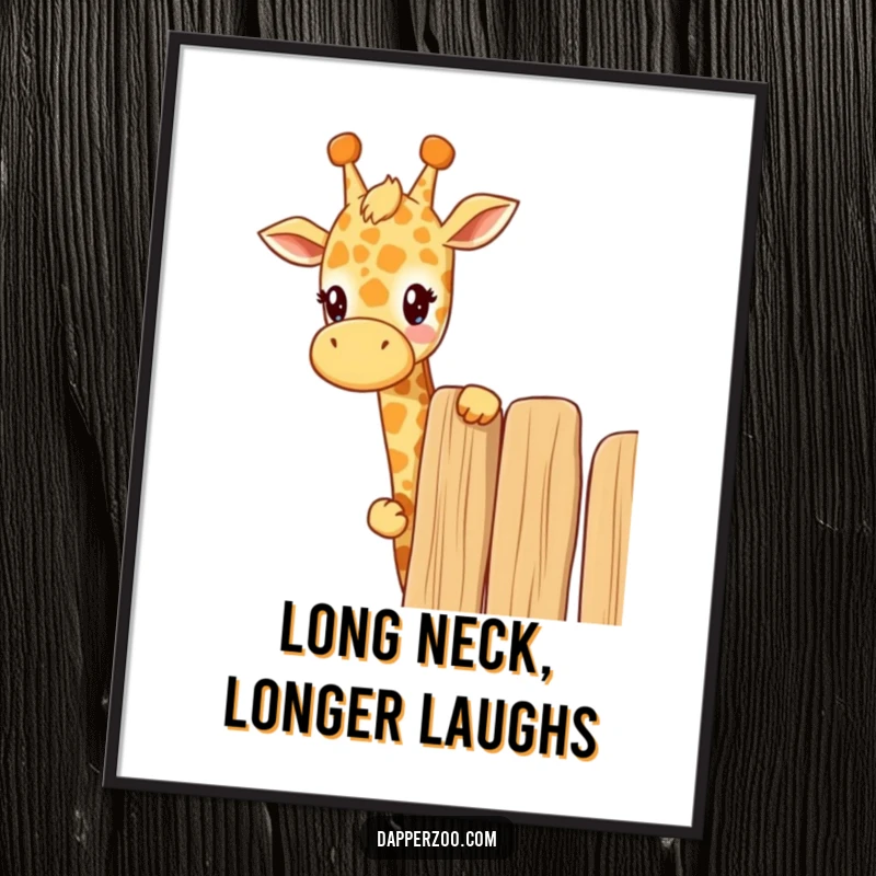 Funny Free Printable Wall Art: A cute Kawaii giraffe curiously peeks its long neck over a high fence, adding a whimsical and humorous touch to the decor.