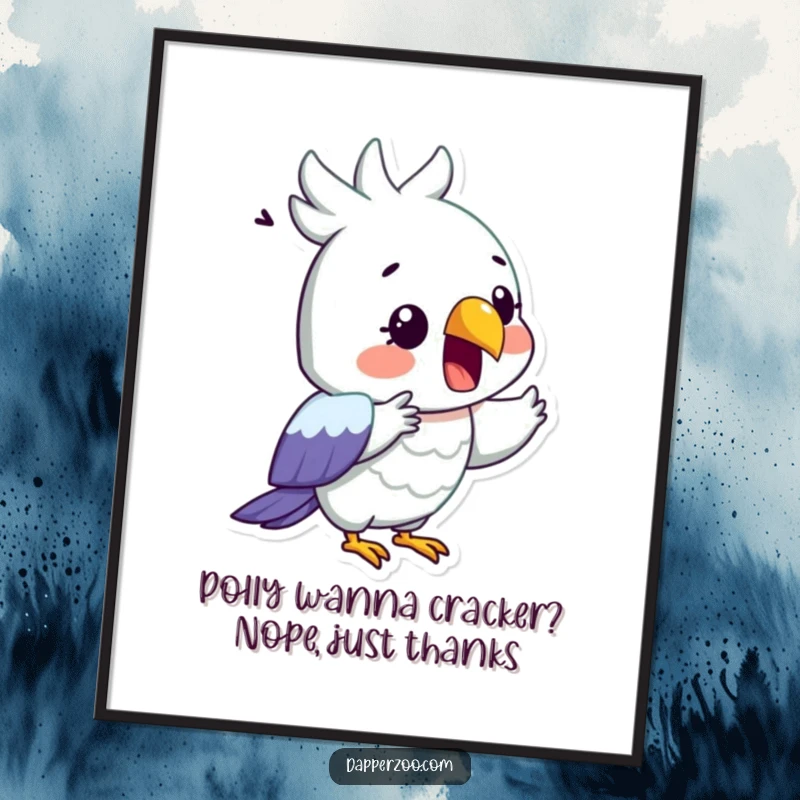 Funny free printable wall art: A surprised parrot dramatically recites with beak wide open, a comical scene.