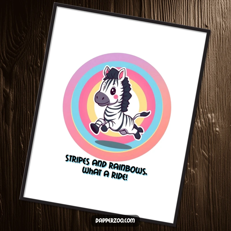 Funny free printable wall art: An excited zebra gallops enthusiastically, creating a vibrant rainbow circle on the wall.
