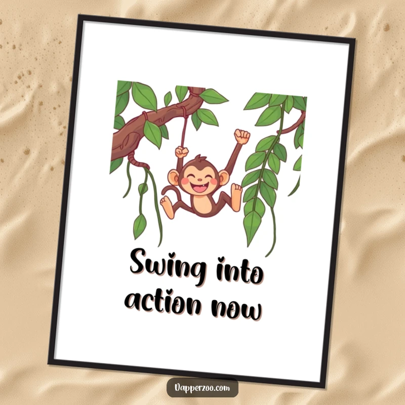 Funny Free Printable Wall Art: Grinning monkey swinging from an extra-long vine, embodying pure joy and jungle adventure.