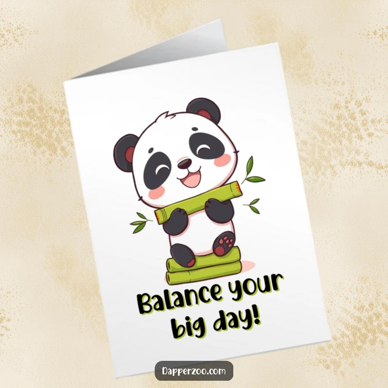 Funny Free Printable Panda Birthday Card: Curious panda bear grinning widely while struggling to balance a tall stack of bamboo shoots.