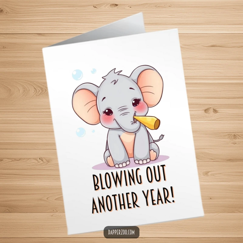Funny Free Printable Birthday Card: Curious elephant calf blowing party blower bubbles, delighted, joyful celebration, downloadable gift