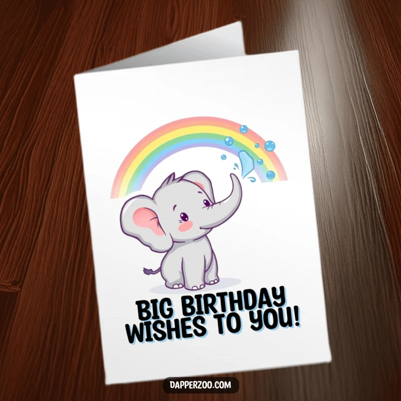 Funny Free Printable birthday card: Tiny elephant character spraying water from its trunk to create a beautiful rainbow, full of wonder.