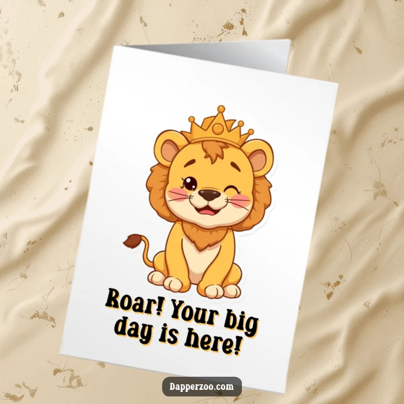 Funny Free Printable Birthday Card: Cheerful lion cub cub king king pose, puffed chest, silly ruler, downloadable gift