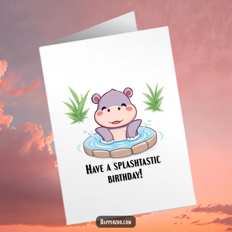 Funny Free Printable Birthday Card: A cheerful Kawaii hippo happily splashes in a pool, wishing a joyous birthday.
