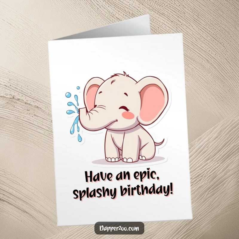Funny Free Printable Birthday Card: A cheerful Kawaii elephant joyfully sprays water high into the air, celebrating a birthday with a refreshing splash.