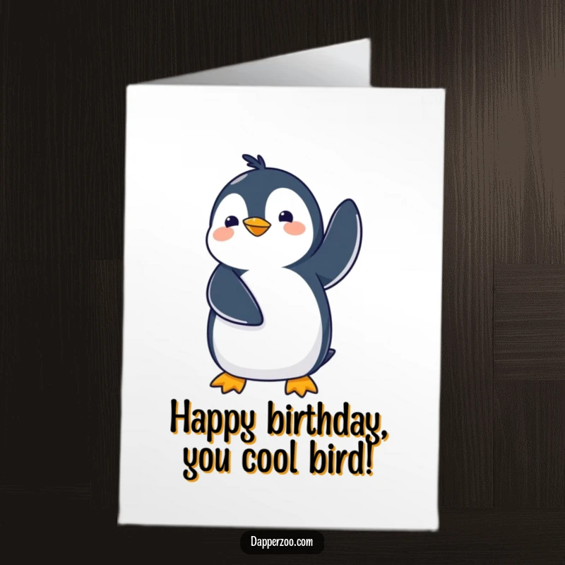Funny Free Printable Birthday Card: A comical Kawaii penguin waddles adorably with its flippers flailing in the air, celebrating a birthday with gusto.