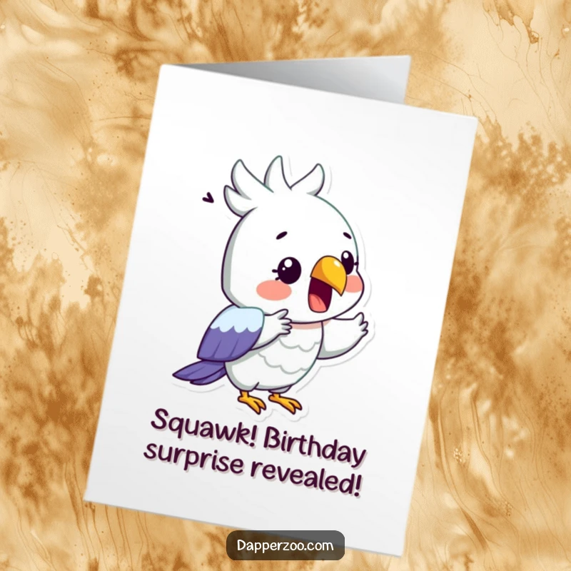 Funny free printable birthday card: A surprised parrot dramatically recites with beak wide open, a comical scene.