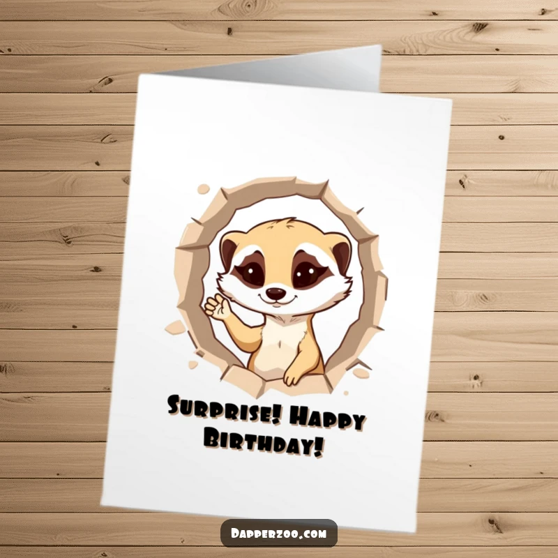 Funny Free Printable Meerkat Birthday Card: Mischievous meerkat popping from a hole, winking cheekily and waving hello with a grin.