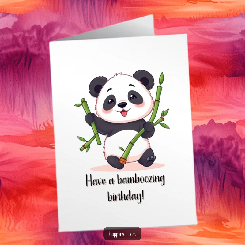 Funny Free Printable Birthday Card: Clumsy panda juggling bamboo, full of delight and birthday cheer.