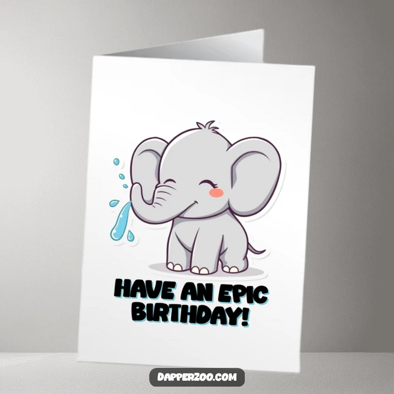 Funny free printable birthday card: Cheerful elephant character spraying a joyful arc of water from its trunk.