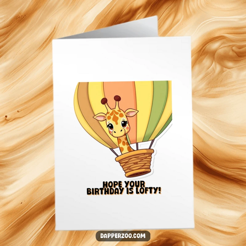Funny Free Printable Birthday Card: Curious giraffe peeking over a hot air balloon, wishing a happy birthday from above.