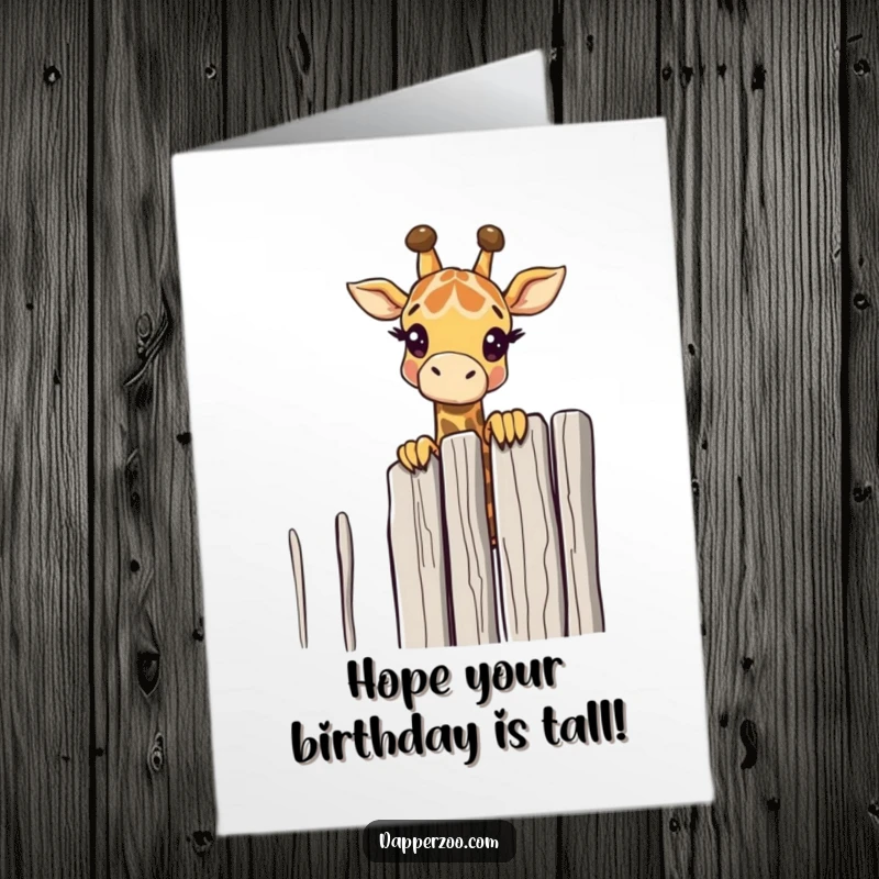 Funny Free Printable birthday card: Curious giraffe character peeking its head over a tall, comically thin fence, looking inquisitive.
