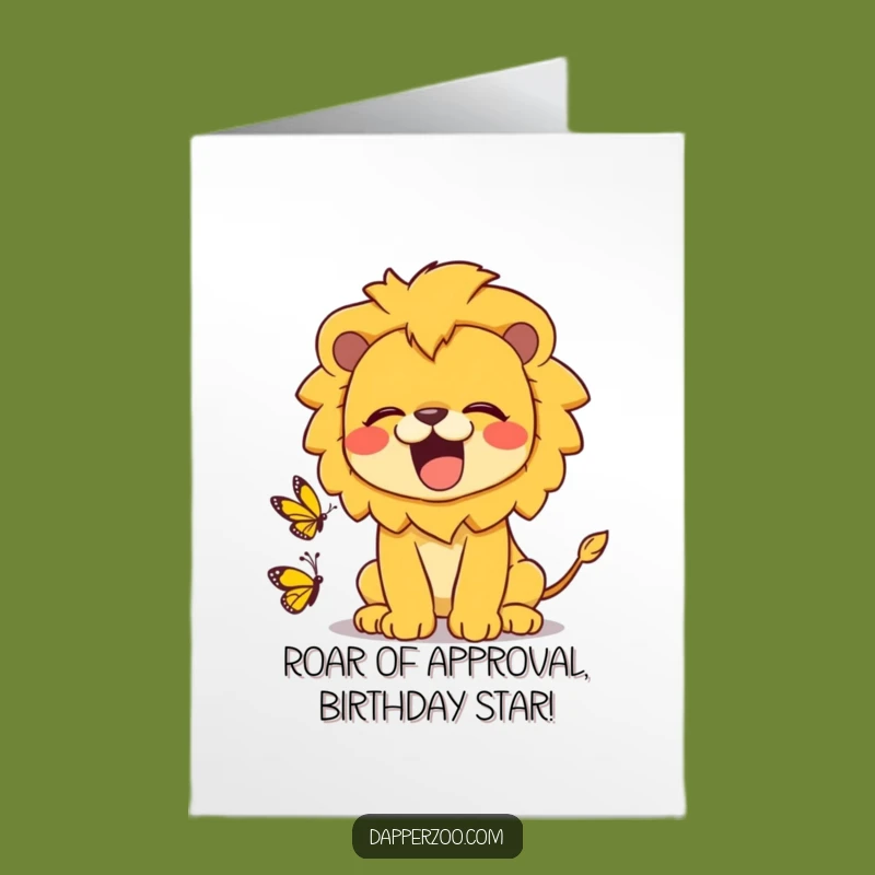 Free Printable Birthday Card: Funny Kawaii Lion Roaring at Butterfly, Downloadable Gift