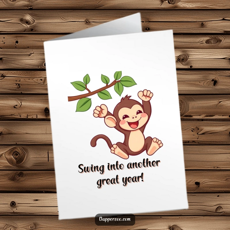 Funny Free Printable Birthday Card: A delighted Kawaii monkey swings with pure glee from a lush green vine, ready to celebrate a birthday in style.