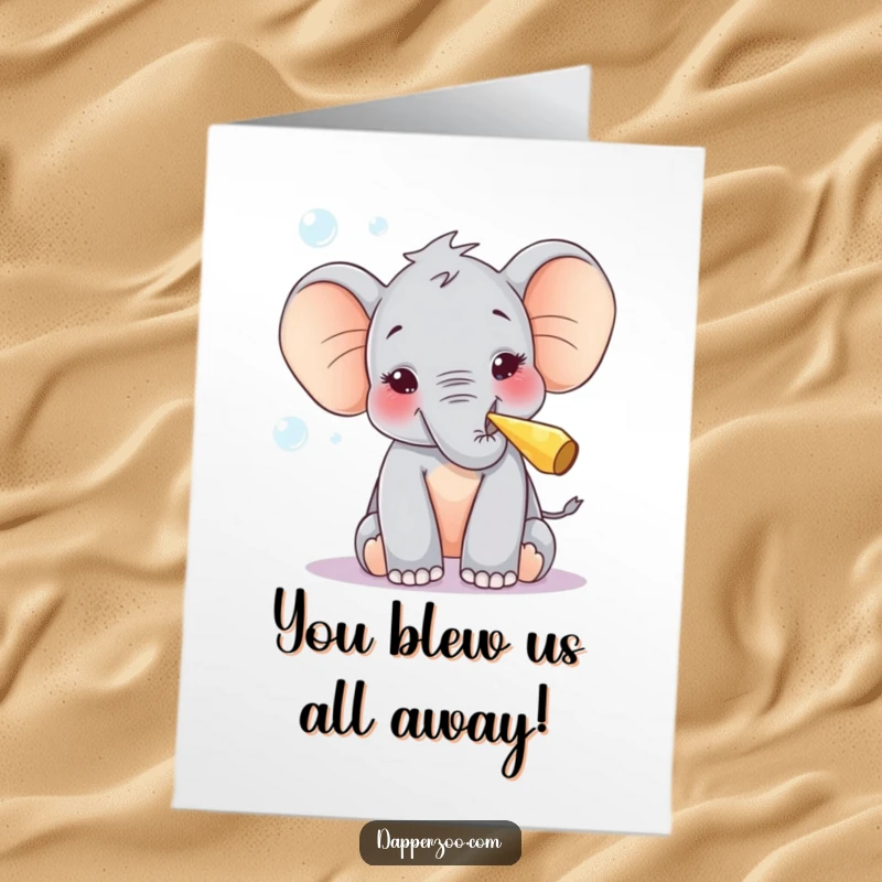 Funny Free Printable Congratulations Card: Elephant calf blowing party blower bubbles, curious, triumphant, celebration gift, downloadable art