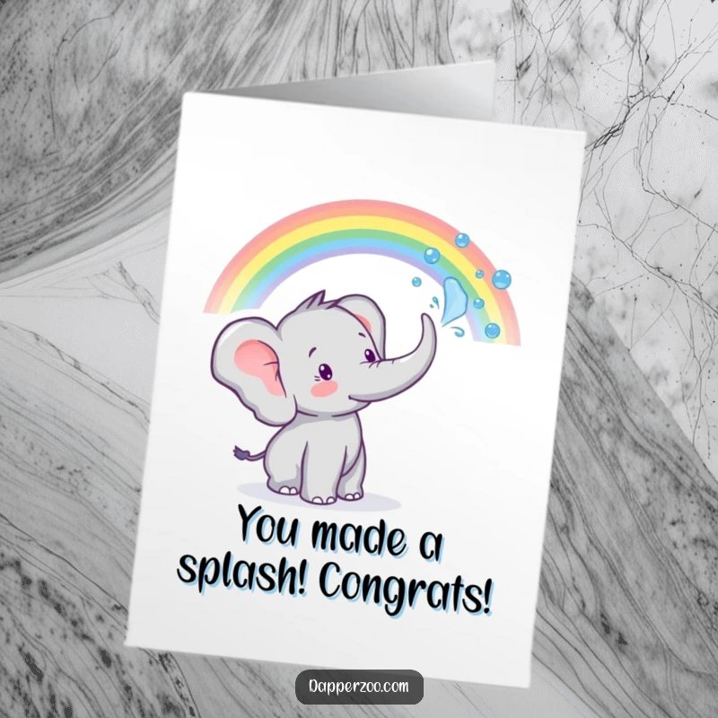 Funny Free Printable congratulations card: Tiny elephant character spraying water from its trunk, forming a vibrant rainbow to mark success.