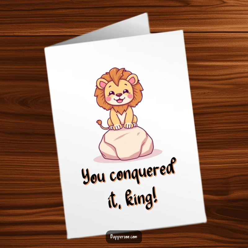 Funny free printable congratulations card: A happy lion striking a dramatic and regal pose on a tiny plush rock.