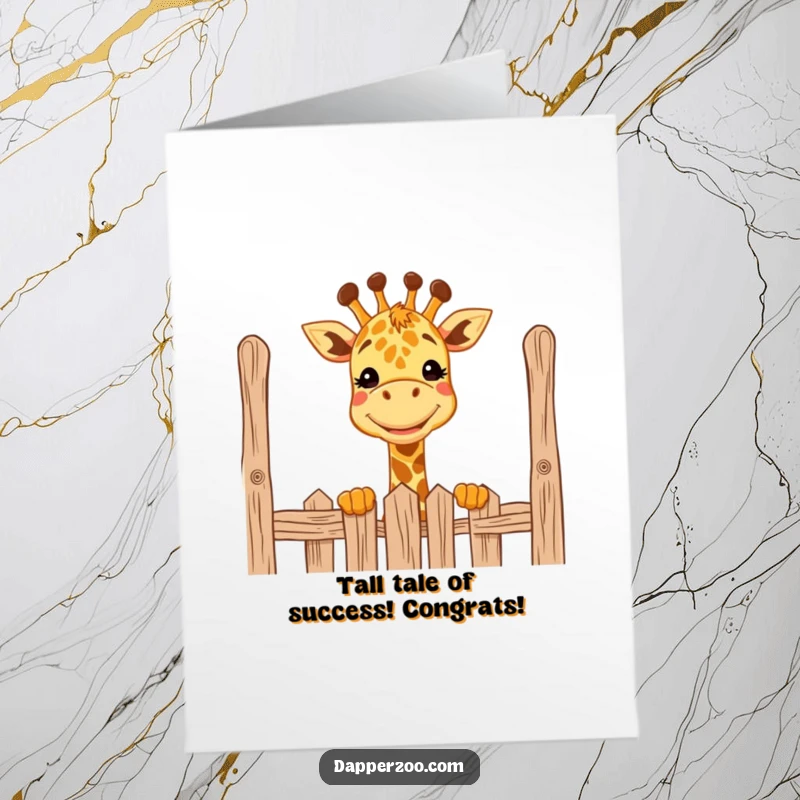 Funny Free Printable Congratulations Card: A happy giraffe peeking over a tall fence, grinning widely to signify a great achievement.