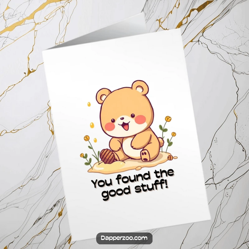 Funny Free Printable Congratulations Card: An eager Kawaii bear excitedly digs for imaginary honey, cheering your sweet success.