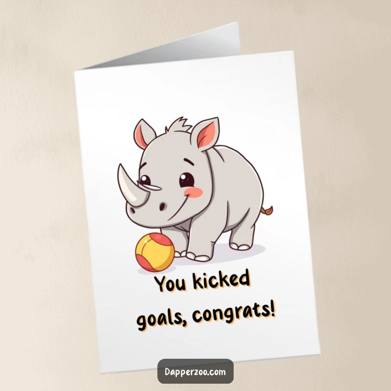 Funny Free Printable Rhino Congratulations Card: Happy rhinoceros calf playfully nudging a vibrant ball, celebrating a congratulatory moment.