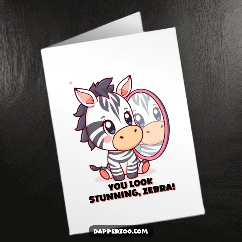 Funny Free Printable Congratulations Card: A Kawaii zebra gasps in surprise at seeing its reflection, celebrating your awesome win.