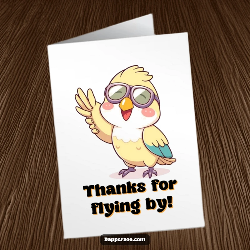 Funny Free Printable Parrot Thank You Card: Aviator parrot with goggles waves a friendly thank you with a wide beak.
