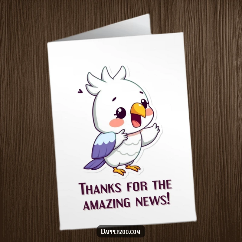 Funny free printable thank you card: A surprised parrot dramatically recites, beak agape, showing gratitude.
