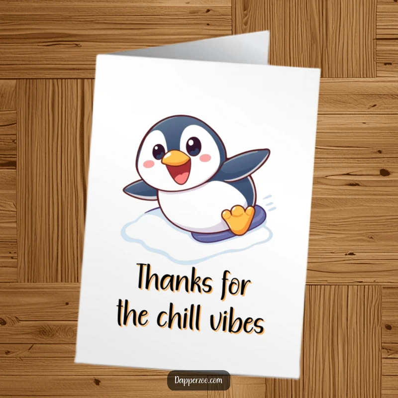 Funny Free Printable Thank You Card: Penguin sliding on ice, conveying heartfelt thanks with a touch of playful humor.