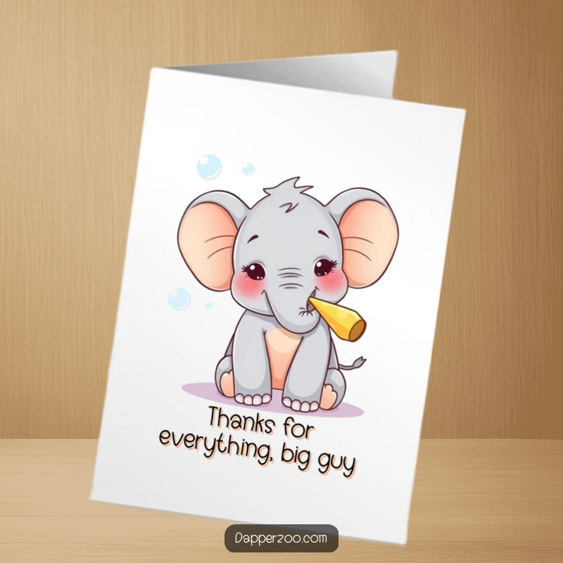 Funny Free Printable Thank You Card: Elephant calf blowing party blower bubbles, curious, happy, grateful expression, downloadable gift