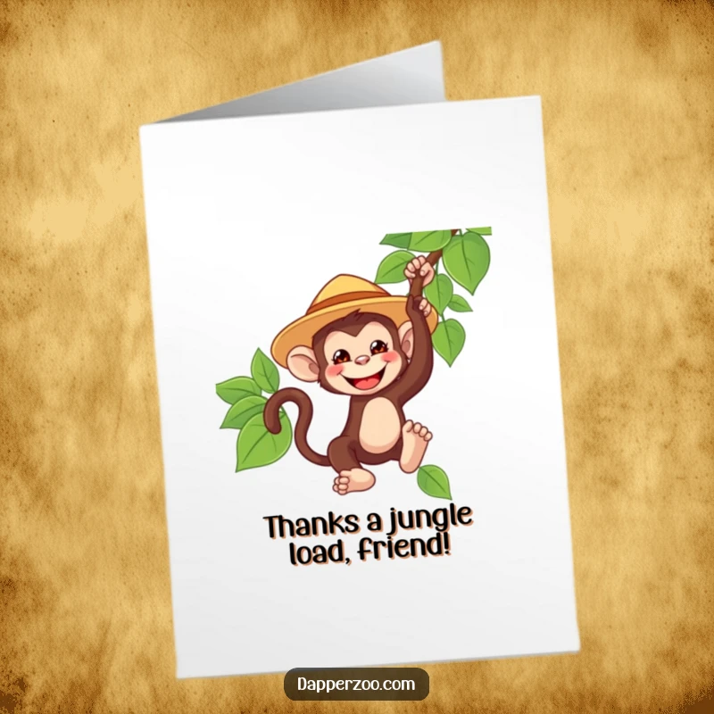 Funny Free Printable Thank You Card: A grinning monkey in a safari hat swinging from a vine, sending thankful vibes.
