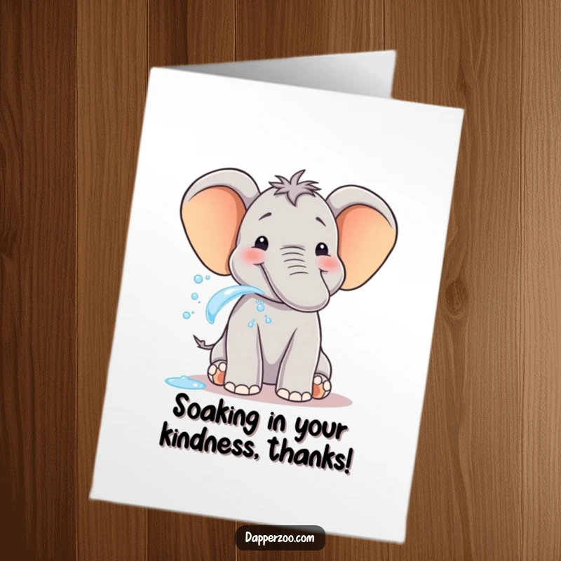 Funny Free Printable Thank You Card: A happy elephant spraying water from its trunk to express sincere, joyous gratitude.