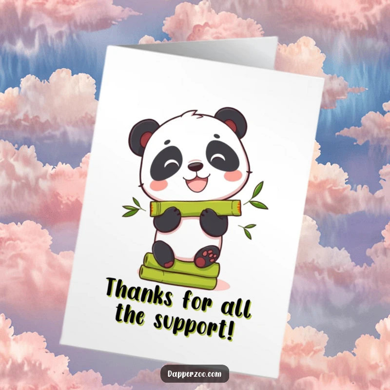 Funny Free Printable Panda Thank You Card: Curious panda bear grinning while precariously balancing bamboo, a funny way to say thanks.