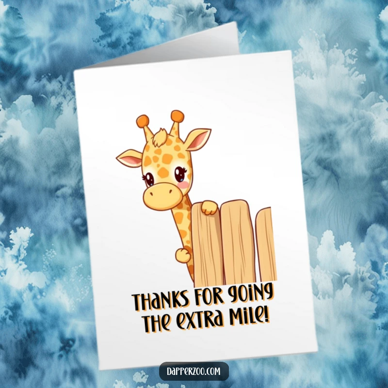 Funny Free Printable Thank You Card: A curious Kawaii giraffe peeks over a tall fence, sending a unique and heartfelt thank you from its elevated viewpoint.