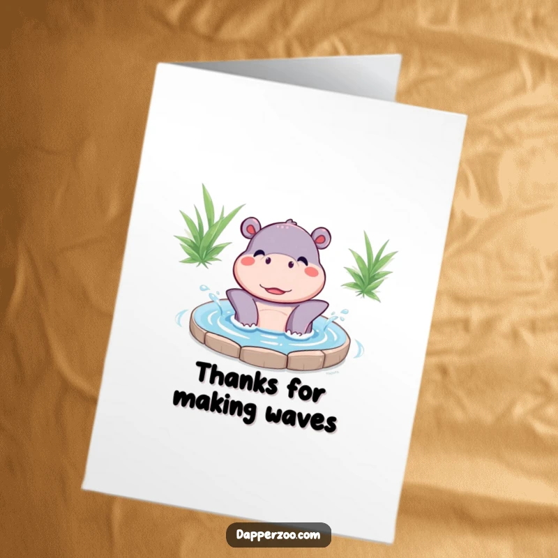 Funny Free Printable Thank You Card: A happy Kawaii hippo joyfully splashes in its pool, sending cheerful thanks.