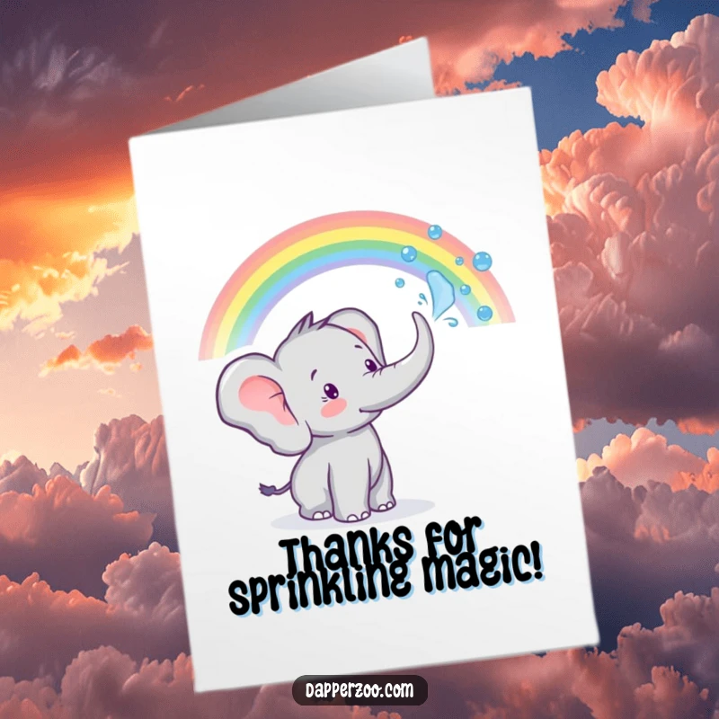 Funny Free Printable thank you card: Tiny elephant character spraying water from its trunk to create a rainbow, a cheerful thank you.