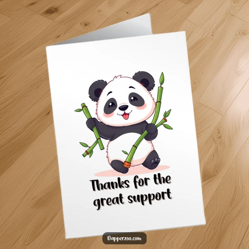 Funny Free Printable Thank You Card: Panda juggling bamboo stalks with clumsy delight, conveying sincere thanks humorously.