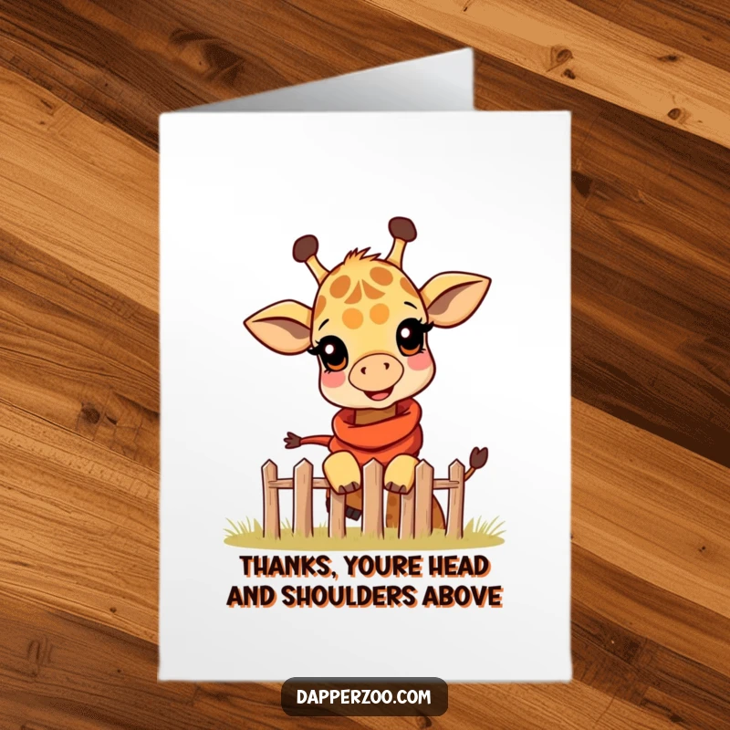 Funny Free Printable Thank You Card: Giraffe calf wearing scarf peeking over fence, curious, happy, grateful expression, downloadable gift