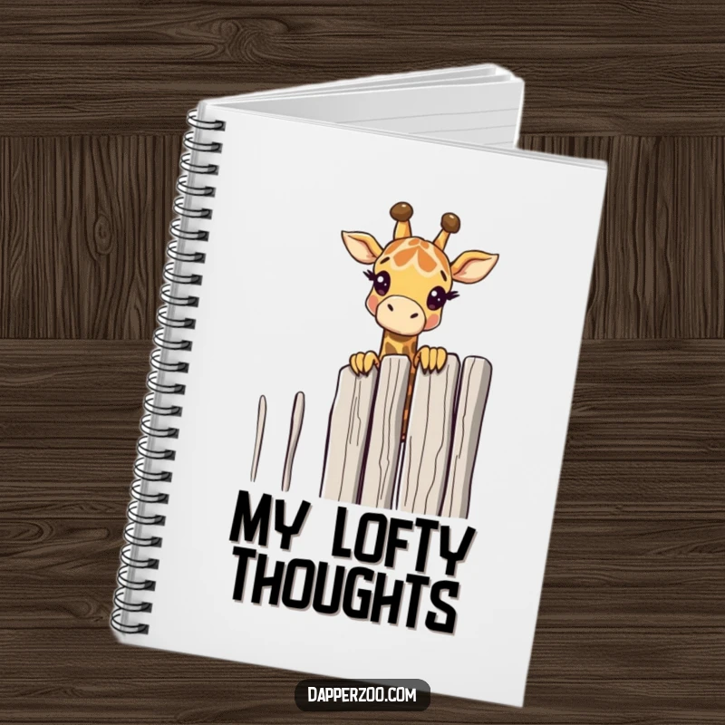 Funny giraffe character peeking over a tall, thin fence on a notebook, for jotting curious ideas.