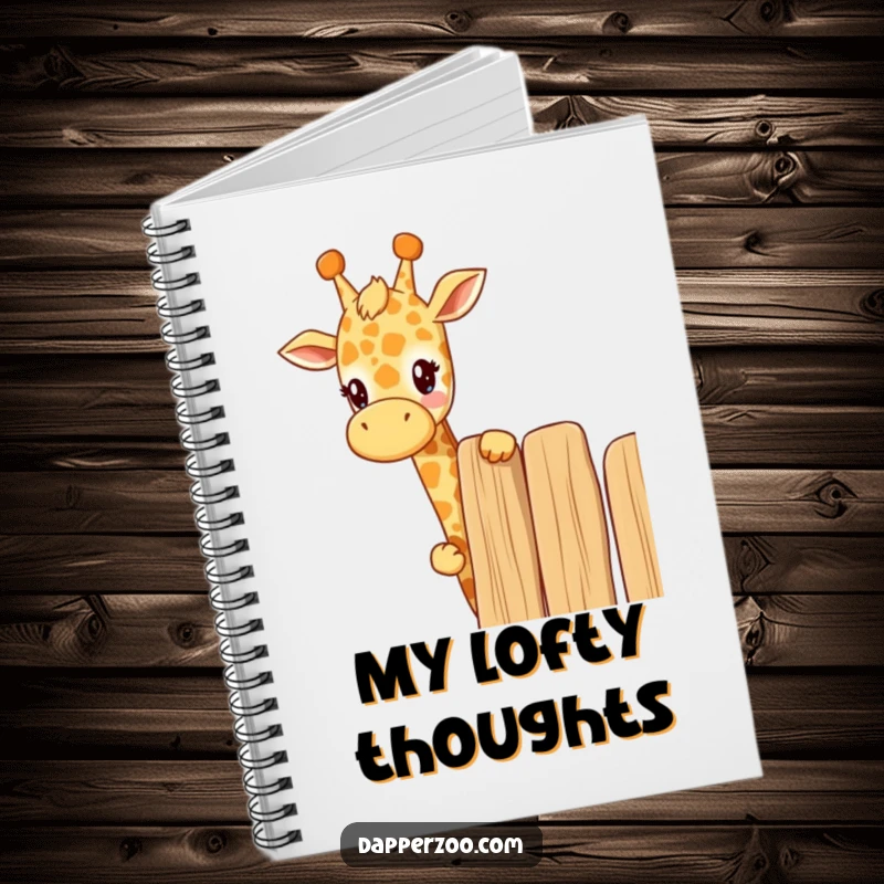 Funny kawaii giraffe notebook with a cute giraffe curiously peeking over a tall fence, perfect for jotting down curious notes.