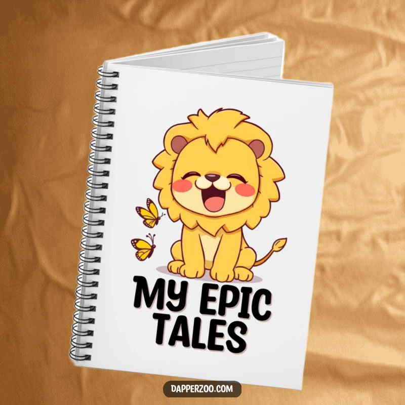 Funny kawaii lion notebook with a cute lion roaring playfully at a tiny butterfly, perfect for jotting down humorous notes.