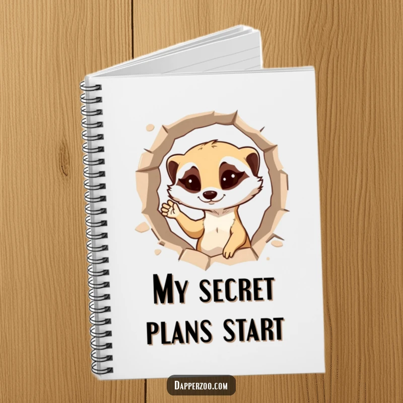 Funny meerkat notebook featuring a mischievous character popping out of a hole, winking and waving.