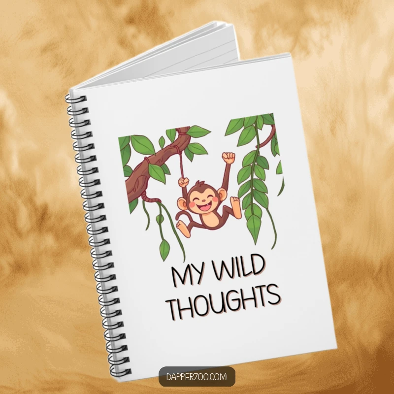 Funny monkey notebook featuring a happy monkey character grinning while swinging from a long jungle vine, perfect for note-taking.