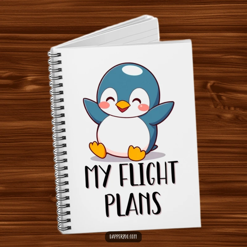 Funny penguin notebook with tiny wings comically flapping, attempting flight with a silly expression, great for journaling dreams.