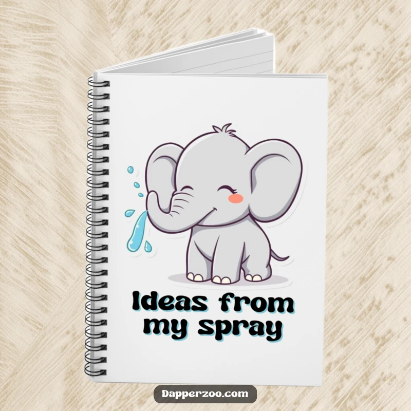 Funny elephant character spraying water from its trunk in a joyful arc, featured on the cover of a humorous notebook.