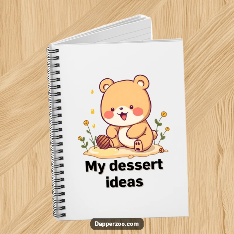 Funny Kawaii bear character digging for honey on a notebook cover, inspiring creative and sweet note-taking.